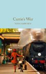 "Carrie's War" von Nina Bawden. Eine Frau und ein Kind auf einem Bahnsteig mit Koffern, neben einer dampfenden Lokomotive.