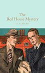 "The Red House Mystery" von A. A. Milne oben. Illustration: Zwei Männer in Anzügen vor einem roten Gebäude.