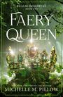 "FAERY QUEEN" in großen Buchstaben, darunter eine funkelnde Krone mit Edelsteinen vor einem waldigen Hintergrund.