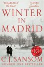 „Winter in Madrid“ von C.J. Sansom; Personen gehen im schneebedeckten Park an einem Denkmal vorbei.