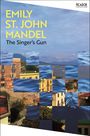 Text: "Emily St. John Mandel, The Singer's Gun." Collage mit Meer und Stadtansicht, blau und gelb dominieren.