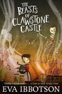 "The Beasts of Clawstone Castle" und "Eva Ibbotson" sind prominent. Illustration mit Skelett, Geistern, Kind, Vogel, Tränken.