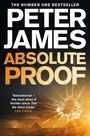 Große Schrift: PETER JAMES, ABSOLUTE PROOF. Sichtbares Pyramidenmuster, ein großes Einschussloch im Vordergrund.