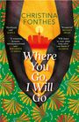 Buchtitel "Where You Go, I Will Go" von Christina Fontes, afrikanische Muster, Silhouette mit Stadt und Sonne.
