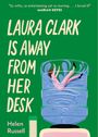 „LAURA CLARK IS AWAY FROM HER DESK“ steht groß auf grünem Hintergrund. Illustration: Frau in einem großen Wasserglas.