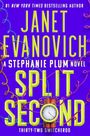 "JANET EVANOVICH SPLIT SECOND" steht in großen Buchstaben vor knalligem Hintergrund, umrahmt von bunten Spiralkabeln.