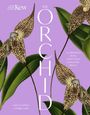 „Royal Botanic Gardens Kew“ und „THE ORCHID“ auf lila Hintergrund. Gezeichnete Orchideen mit grünen Blättern.