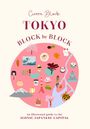 Titel: "TOKYO BLOCK by BLOCK". Runde Illustration mit japanischen Symbolen wie Sushi, Kirschblüte und Tokyo Tower.