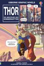 THOR: Die Abenteuer des Donnergottes. Ein Held mit Hammer vor einer Stadt auf einem Regenbogen. Comic-Stil.