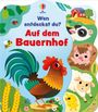 "Wen entdeckst du? Auf dem Bauernhof". Illustration von Tieren und einer Scheune, mit Hahn und anderen Bauernhoftieren.