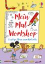 Text: „Mein Mal-Workshop: Lustige Ideen zum Kritzeln“. Illustration mit Kindern, Zeichnungen und einem roten Buntstift.
