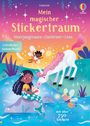 Titel: "Mein magischer Stickertraum". Einhörner, Feen und eine Meerjungfrau in einer fantasievollen Landschaft.