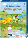 50 Rätselkarten: Schau genau! Illustration von einem Picknick mit Zelt, spielenden Kindern, Schneemann und Zeltplätzen.