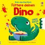 Titel: "Füttere deinen Dino". Text: "SCHLÜRF", "DREH MICH!". Illustration: Ein grüner Dino isst Spaghetti aus einer blauen Schüssel.