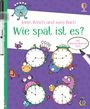 "Mein Wisch-und-weg-Buch: Wie spät ist es? mit abwischbarem Stift." Illustration von Monstern mit Uhren und ein Stift.