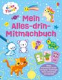 „Mein Alles-drin-Mitmachbuch“ in Rosa. Illustration bunter Tiere, Sterne und einem Einhorn auf blauem Hintergrund.