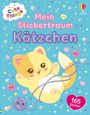 "Mein Stickertraum Kätzchen" in bunten Lettern, niedliches Kätzchen mit Garn, Herz und Sternenmuster auf blauem Hintergrund.