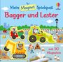 Text: "Mein Magnet Spielspaß: Bagger und Laster, mit 10 Magneten." Illustration mit Tieren in Bauwagen.