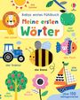 Titel: "Babys erstes Fühlbuch - Meine ersten Wörter". Illustrationen: Sonne, Apfel, Löwe, Traktor, Biene, Fisch, Boot, Baum, Blume.