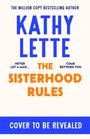 Große blaue und orangefarbene Buchstaben: "KATHY LETTE", "THE SISTERHOOD RULES", "COVER TO BE REVEALED".