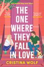 Titel: "The One Where They Fall In Love". Zwei Menschen sitzen auf einer Treppe, Frau links, Mann mit Hund rechts.
