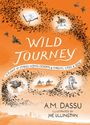 "WILD JOURNEY" mit Untertitel über Geschichten in Wüsten. Zeichnungen: Junge läuft, Vogel, Kamele, Wolf und Stadt im Orange-Ton.