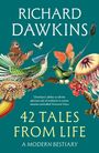 "Richard Dawkins, 42 Tales from Life, A Modern Bestiary." Illustration von farbenfrohen Tieren und Pflanzen auf grünem Hintergrund.