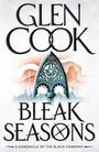 Text: "Glen Cook. Bleak Seasons. A Chronicle of the Black Company." Illustration: Stilisiertes, verziertes Schild.