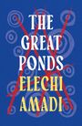 „THE GREAT PONDS ELECHI AMADI“, blaue Hintergrundillustration mit roten Linien und weißen Kreisen.