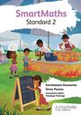 Buchtitel "SmartMaths Standard 2". Kinder lösen Matheaufgaben an einem farbenfrohen Verkaufsstand im Freien.