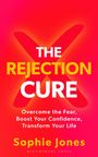 "The Rejection Cure" von Sophie Jones. Roter Hintergrund mit großem X, Text in Weiß und Gelb.