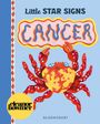 Buchtitel "Little STAR SIGNS CANCER". Illustration einer bunten Krabbe auf blauem Hintergrund mit orange-gelber Verzierung.