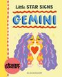 „Little Star Signs Gemini“ und „eleanor bowmer BLOOMSBURY“. Illustration von zwei symmetrischen Figuren mit lila Haaren.