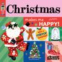 "Christmas makes me HAPPY! With a mirror surprise!" Illustration: Weihnachtsmann, Lebkuchenmann, Geschenke, Teddybär, Baum.