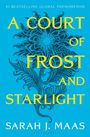 „A Court of Frost and Starlight“, Sarah J. Maas. Illustration mit ornamentalem Design auf blauem Hintergrund.