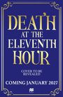 "DEATH AT THE ELEVENTH HOUR. COMING JANUARY 2027." Goldene Schrift auf blauem Hintergrund mit dekorativem Rahmen.