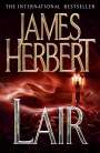 "The International Bestseller. James Herbert. Lair." Menschenähnliche Silhouette vor beleuchtetem Haus in rotem Nebel.