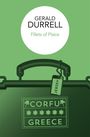 Text oben: "GERALD DURRELL", darunter "Fillets of Plaice". Illustration eines grünen Koffers mit "CORFU GREECE" und "JERSEY".