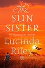 "The Sun Sister" von Lucinda Riley. Eine Frau in einer Savanne, Sonnenuntergang, Flugzeug am Himmel.
