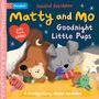 Auf einem Buchcover: "Matty and Mo: Goodnight Little Pups". Zwei schlafende Hunde mit Kuscheltieren.