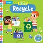 Der Text "Recycle", "Paper", "Plastic", "Glass", "Push Pull Slide" ist sichtbar. Zwei fröhliche Kinder recyceln.
