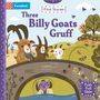 „Three Billy Goats Gruff“ in lila Schrift. Drei Ziegen auf einer Brücke, Troll darunter, Blumen und Schmetterlinge.