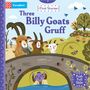 „First Stories: Three Billy Goats Gruff.“ Drei Ziegen auf einer Brücke, darunter ein Troll. Bunte Blumen und Tiere.