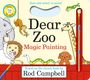 „Dear Zoo Magic Painting“. Illustrationen mit Elefant, Affe, Löwe, Giraffe, Schlange, Hund. Pinsel und Text „Just add water“.