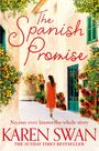 „The Spanish Promise“, „No one ever knows the whole story“, Karen Swan. Frau im roten Kleid in enger, blumengeschmückter Gasse.