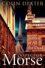 "Colin Dexter, Service of All the Dead, Inspector Morse" auf einem Cover mit gotischer Architektur und dramatischem Himmel.