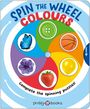 „SPIN THE WHEEL COLOURS“ und „Complete the spinning puzzles!“ Darstellung eines bunten Drehspiels mit Bildern von Objekten.