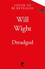 „Cover to be revealed, Will Wight, Dreadgod.“ Roter Hintergrund, unten ein schwarzes Logo mit weißer Silhouette.