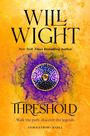 „Will Wight“, „Threshold“, „Walk the path, discover the legends“. Hintergrund in Gelb mit violettem Symbol.