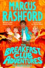 Text: "Marcus Rashford", "The Breakfast Club Adventures", "The Haunted Disco". Illustration: Kinder mit Taschenlampen, orange Hintergrund.